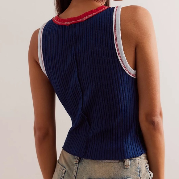 Ragabond Studio x Free People Farrah Flag Ribbed Tank Navy Blue Ringer Crop Top - Picture 4 of 14